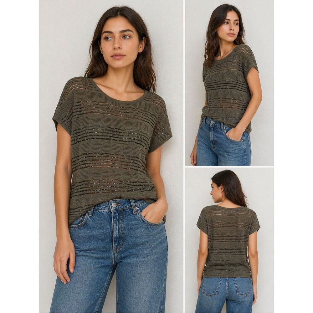 Monari Lightweight Knit Top Sheer Striped Olive Relaxed Fit Size L See Notes